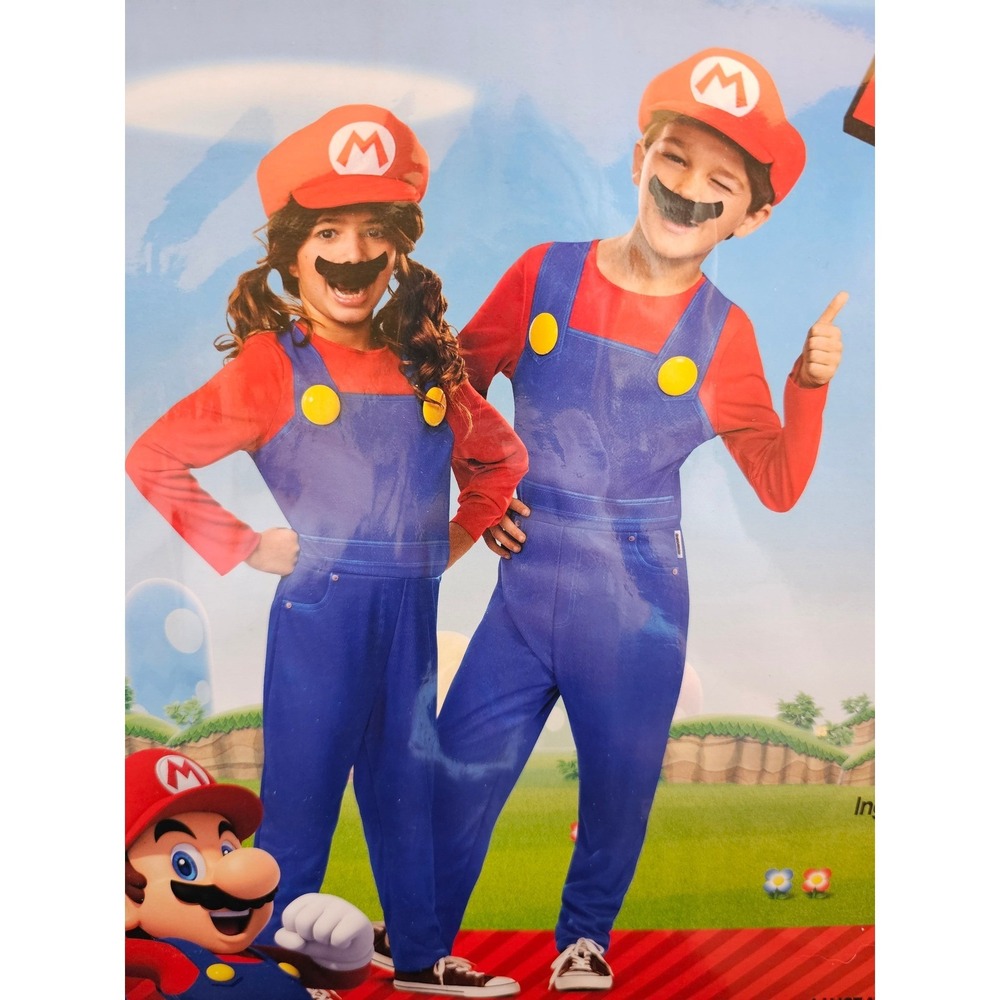 Kids Super Mario Brothers Jumpsuit Costume Hat‎ M 7-8 Mustache Disguise
